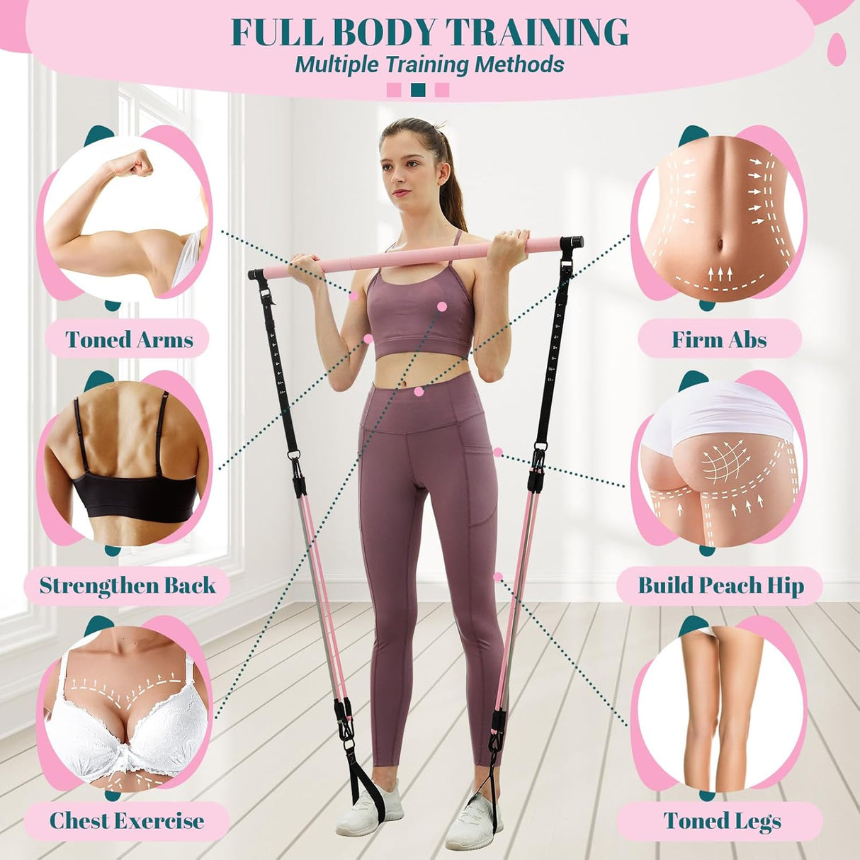 Kit de Bar Pilates con Bandas de Resistencia - Multifuncional