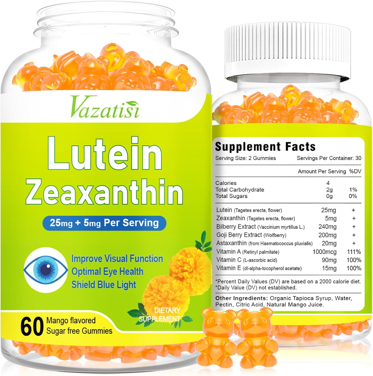 Gummies de vitaminas para ojos, sin azúcar, con luteína y zeaxantina, 120 cápsulas