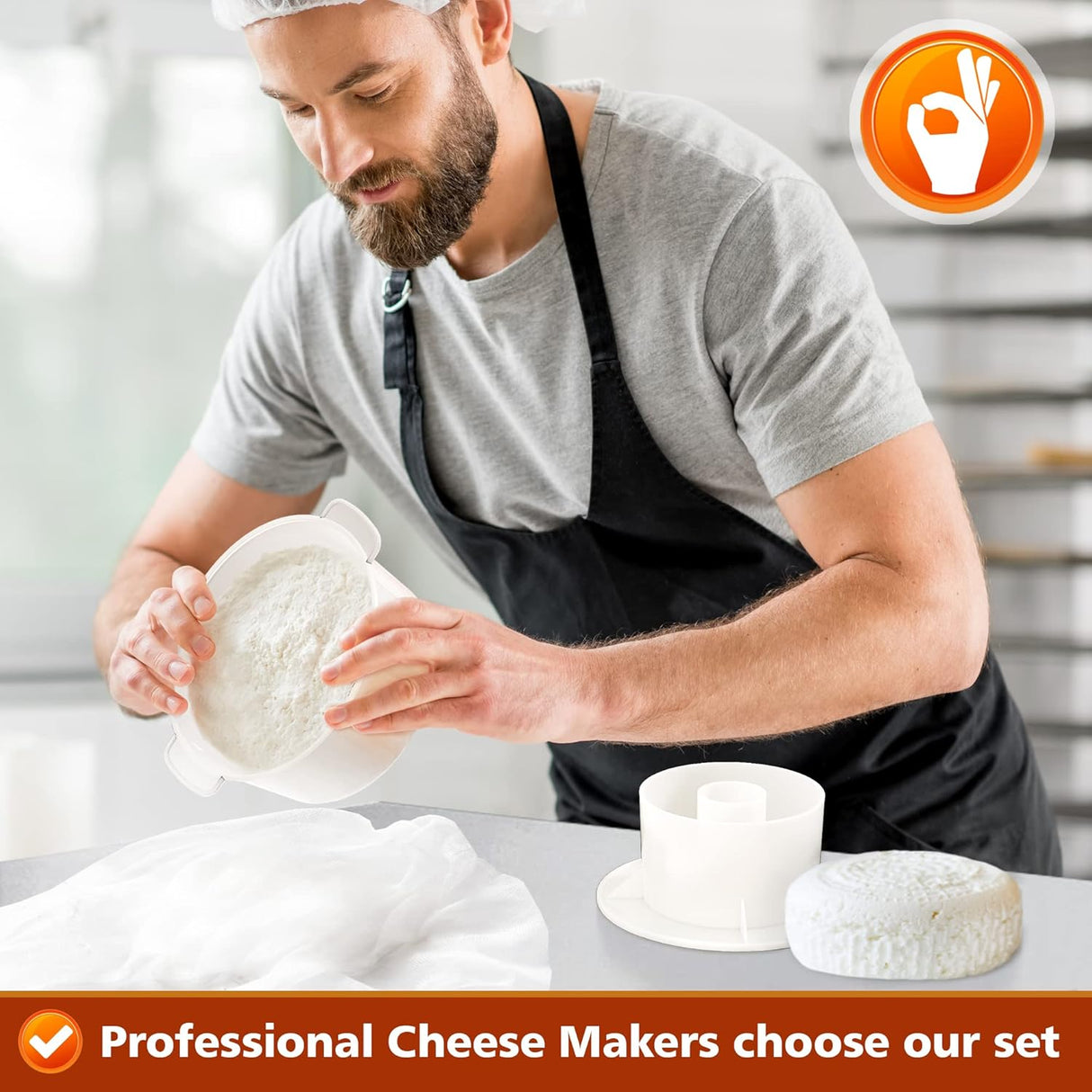 Moldes de queso con seguidor y estopilla con prensa