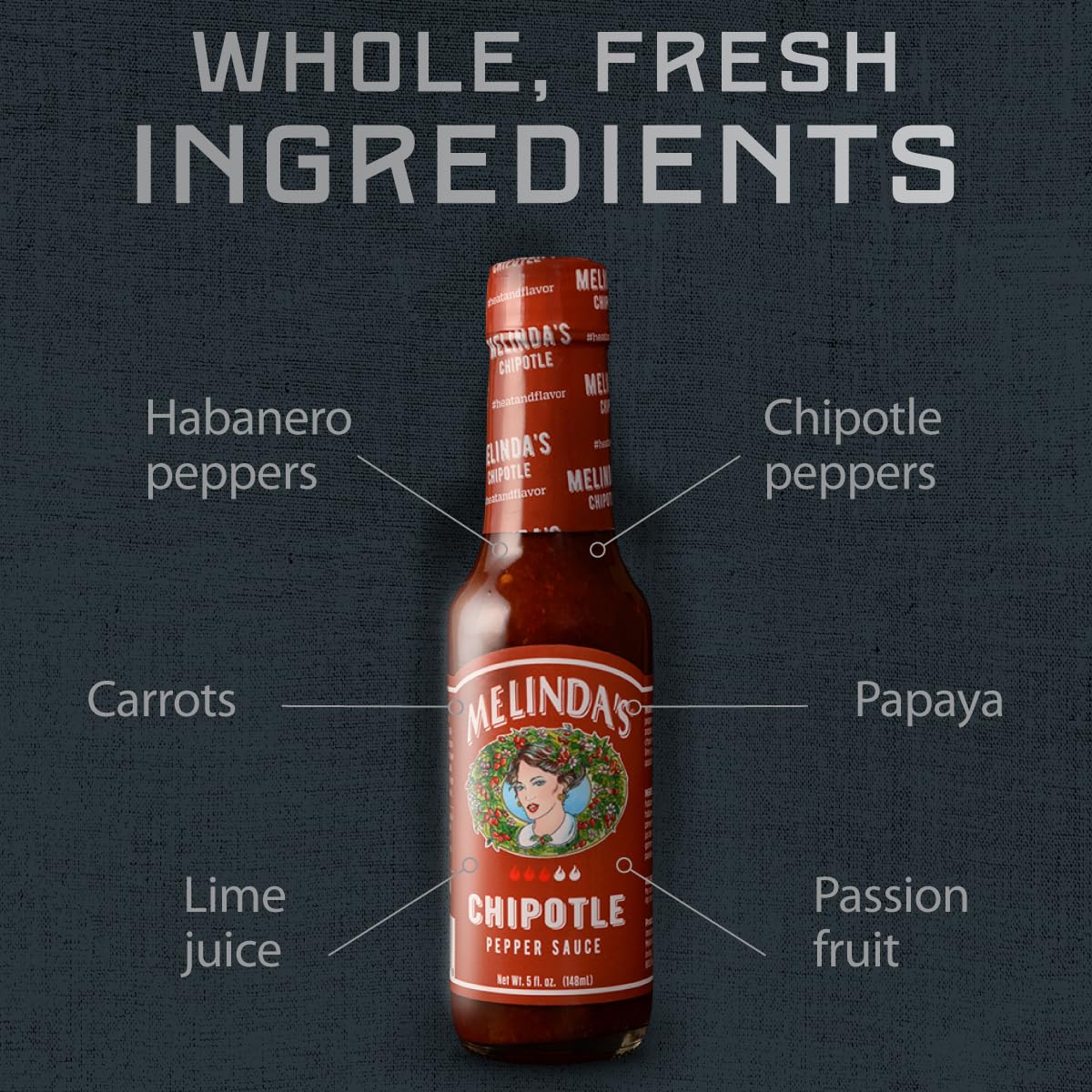 Melinda's Salsa picante Chipotle – Salsa gourmet de chipotle – Hecho con chiles chipotle, chiles habanero, zanahorias, cebolla, papaya y jugo de lima – Keto, Kosher, vegano, salsa picante sin gluten – 5 onzas, 1 paquete