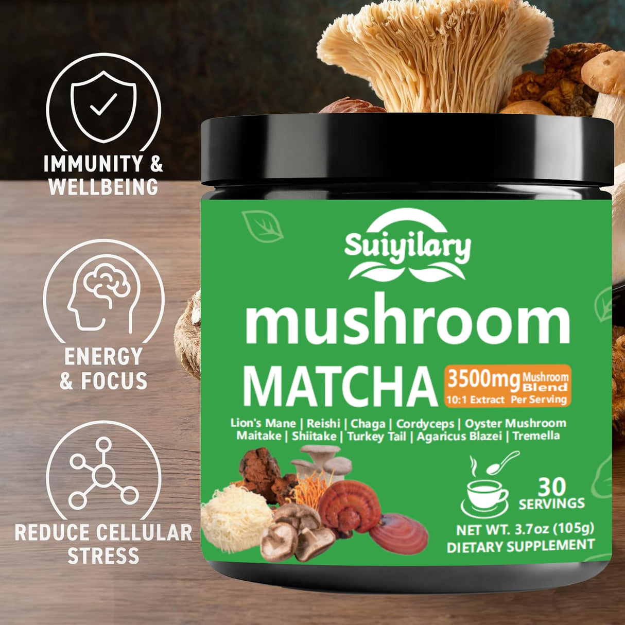 Polvo de Matcha con Hongos, 3500mg, 30 Porciones, 10:1