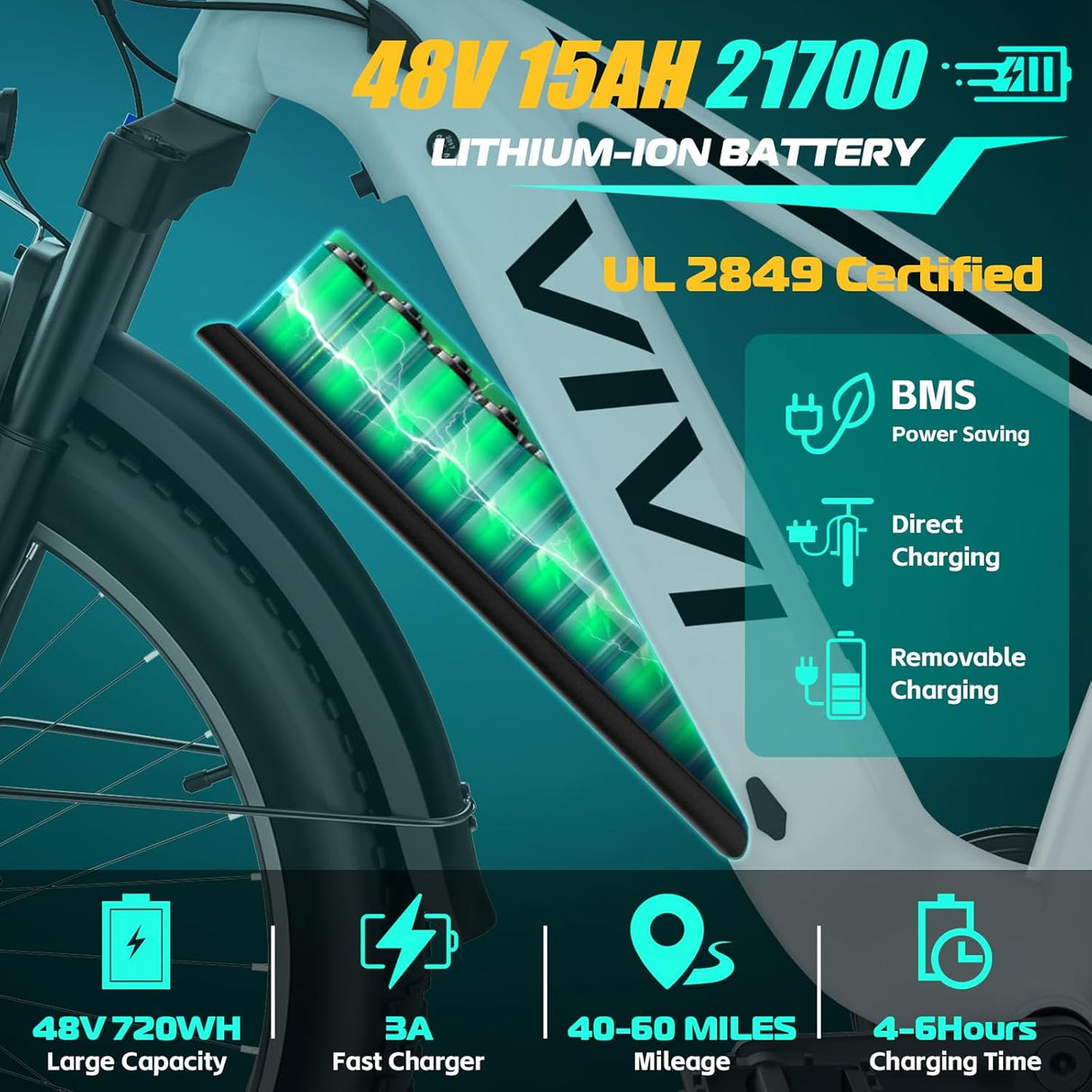 Bicicleta eléctrica Vivi ACE01, 1475W, 48V, 7 velocidades