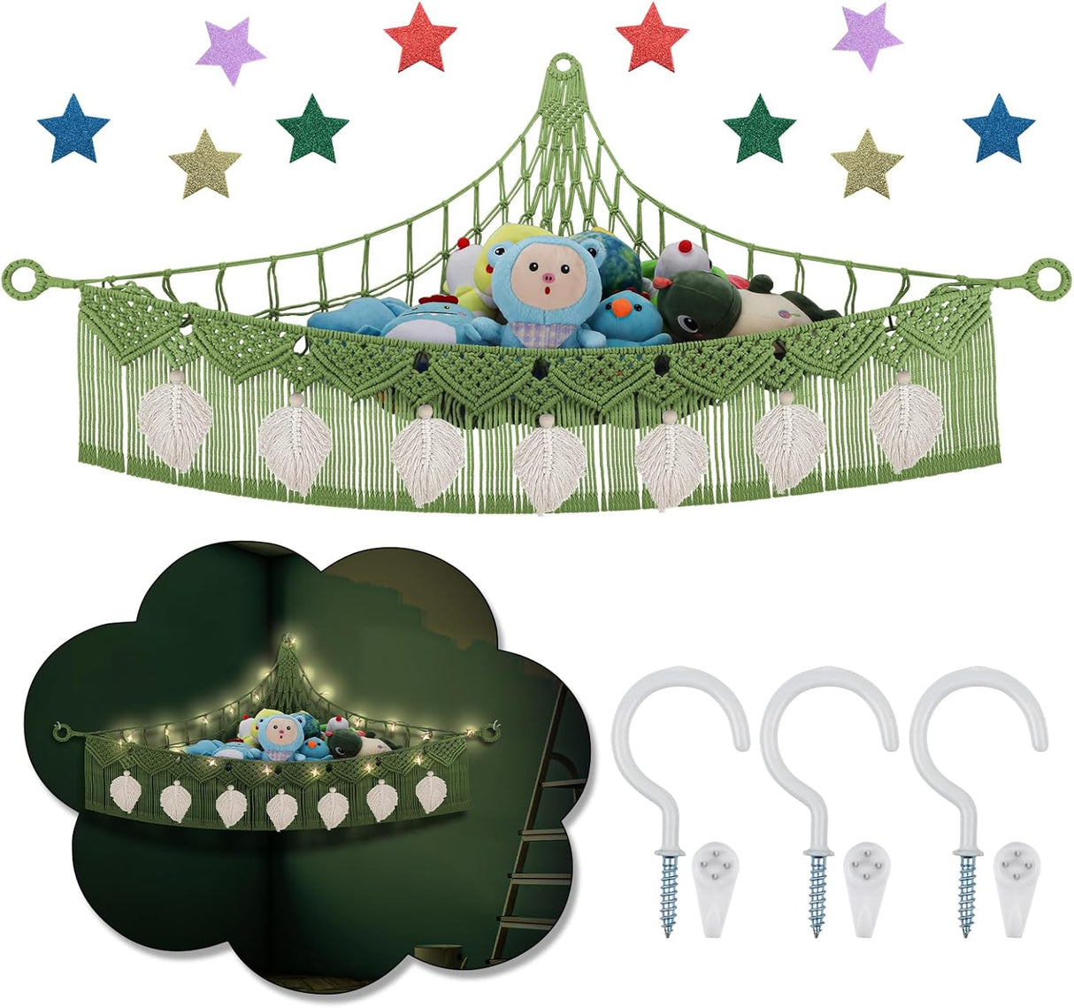 Hamaca para Peluches, Organizador Boho con Luz Estrella, 56