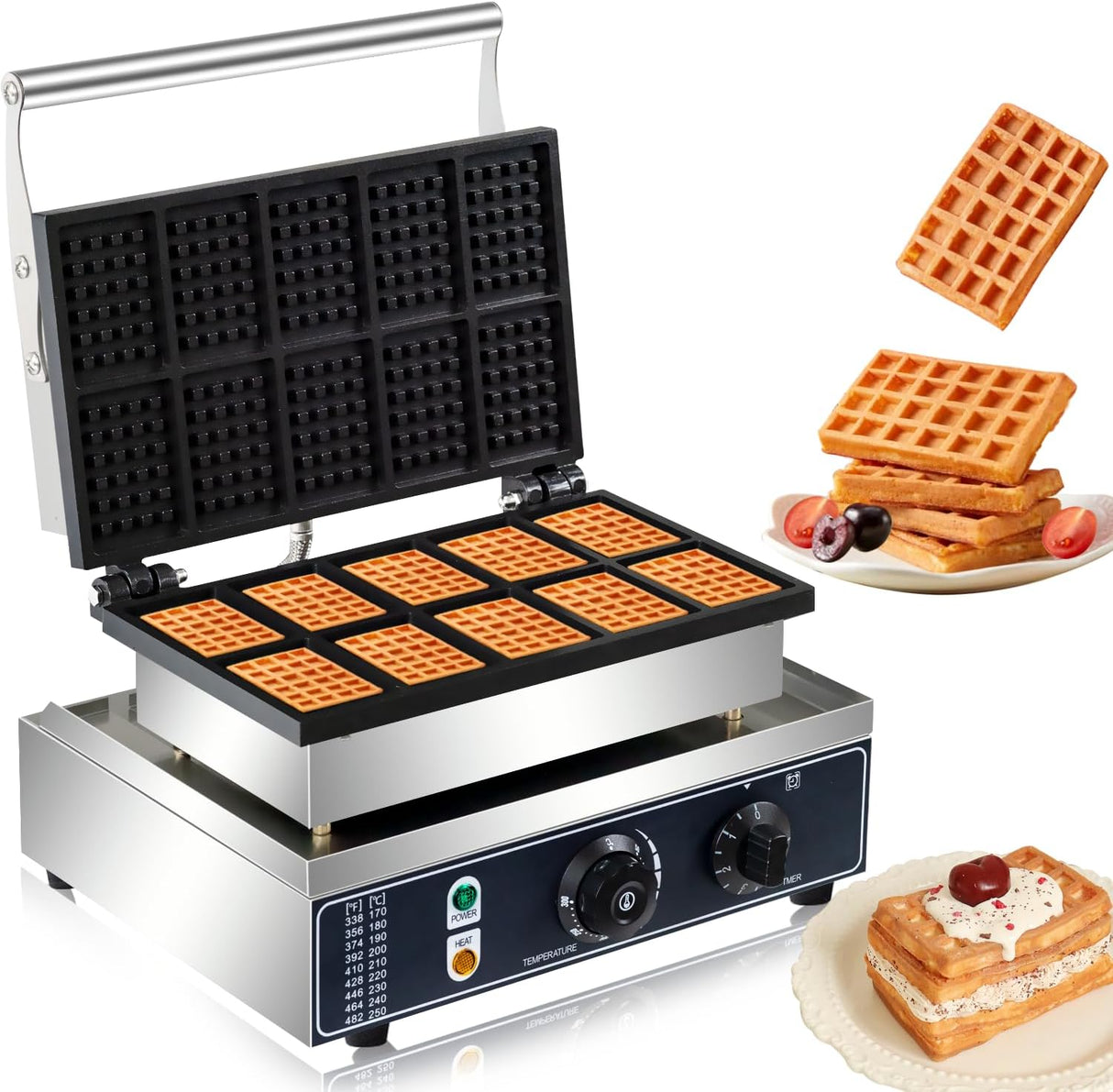 Máquina de Waffles 110V, 1600W, 10 Rejillas, Acero Inoxidable