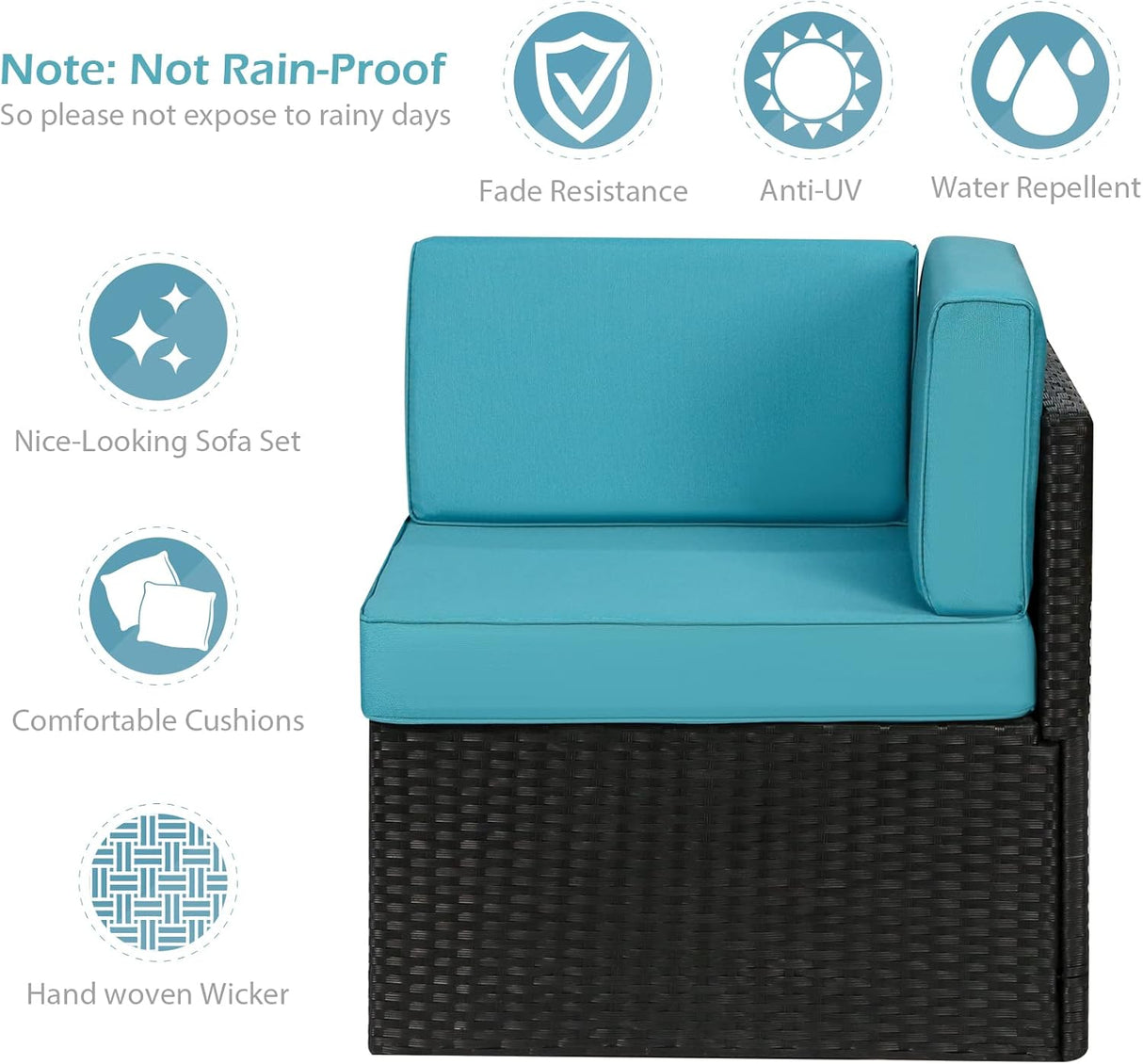 U-MAX Juego de muebles de patio de 7 piezas, juego de sofá de mimbre de ratán de polietileno negro para todo tipo de clima, juego de conversación de muebles seccionales con fundas de cojín azules y mesa auxiliar para porche, jardín, piscina