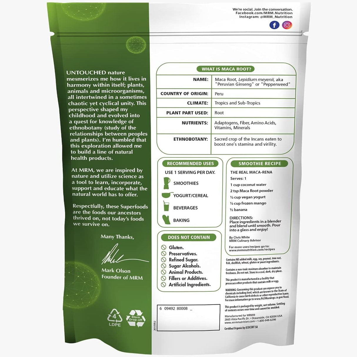 Maca Root Orgánico MRM Nutrition Superfoods Vegan 40 Servings
