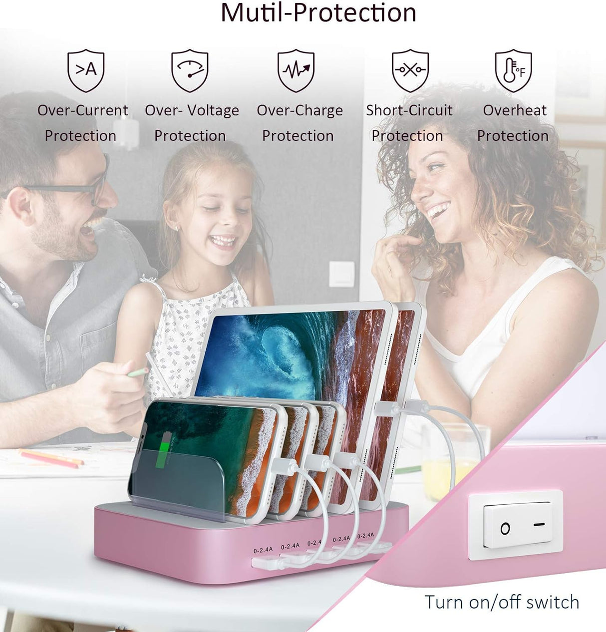 Cargador o Base de estación de carga USB de 5 puertos rosado