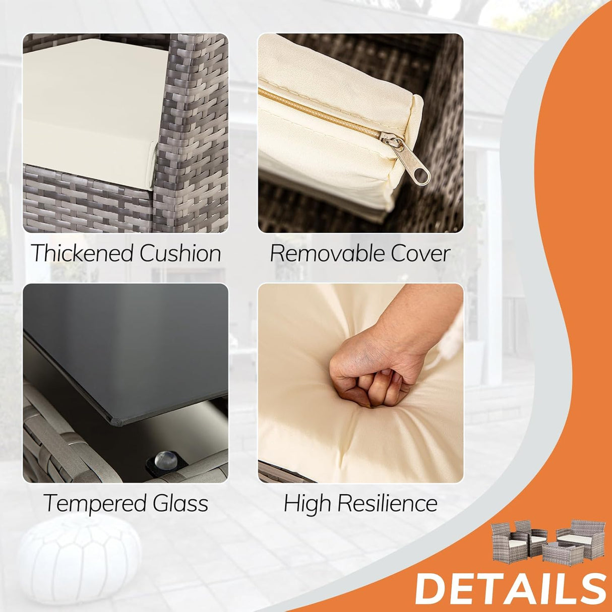 Seogwisam Juego de muebles de patio de 4 piezas, juegos de conversación de mimbre para exteriores, sofá seccional de ratán con mesa de café, cojines de asiento para patio trasero, porche, jardín,