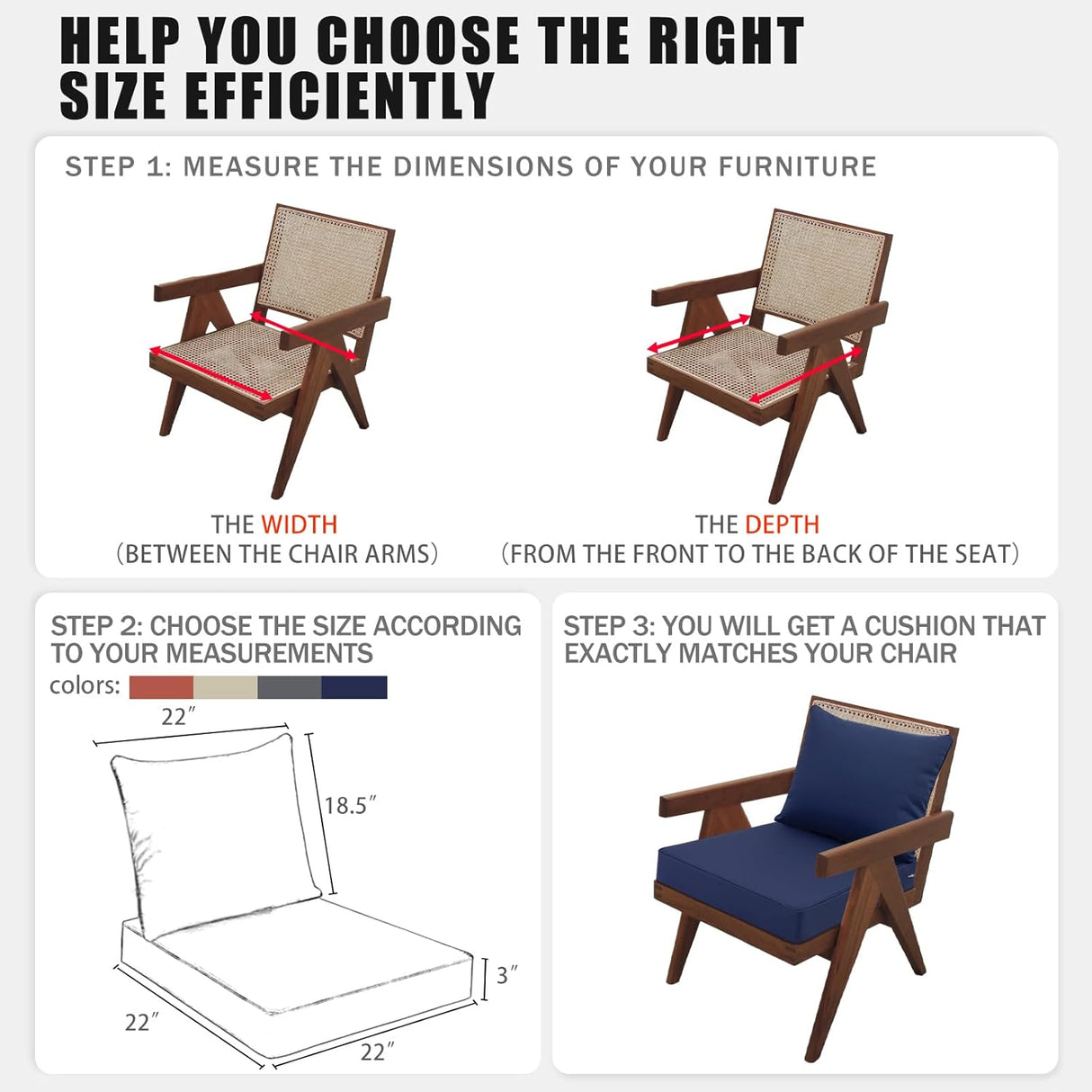 Favoyard Juego de cojines de asiento para exteriores, 22 x 22 pulgadas, impermeables y resistentes a la decoloración, cojines para muebles de patio con funda extraíble, cojín de asiento profundo y