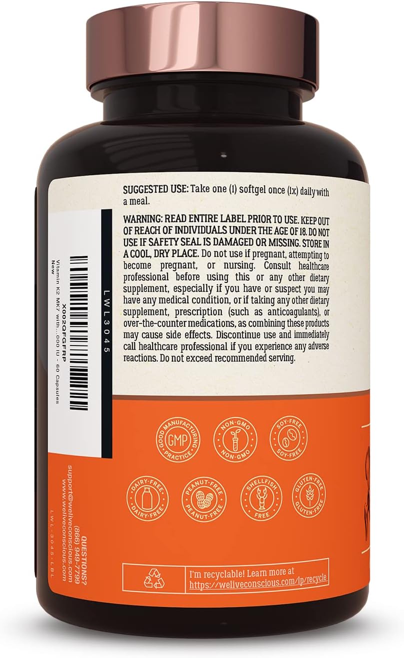 Suplemento de Vitamina K2 MK7 con D3 | Live Conscious 60 Softgels