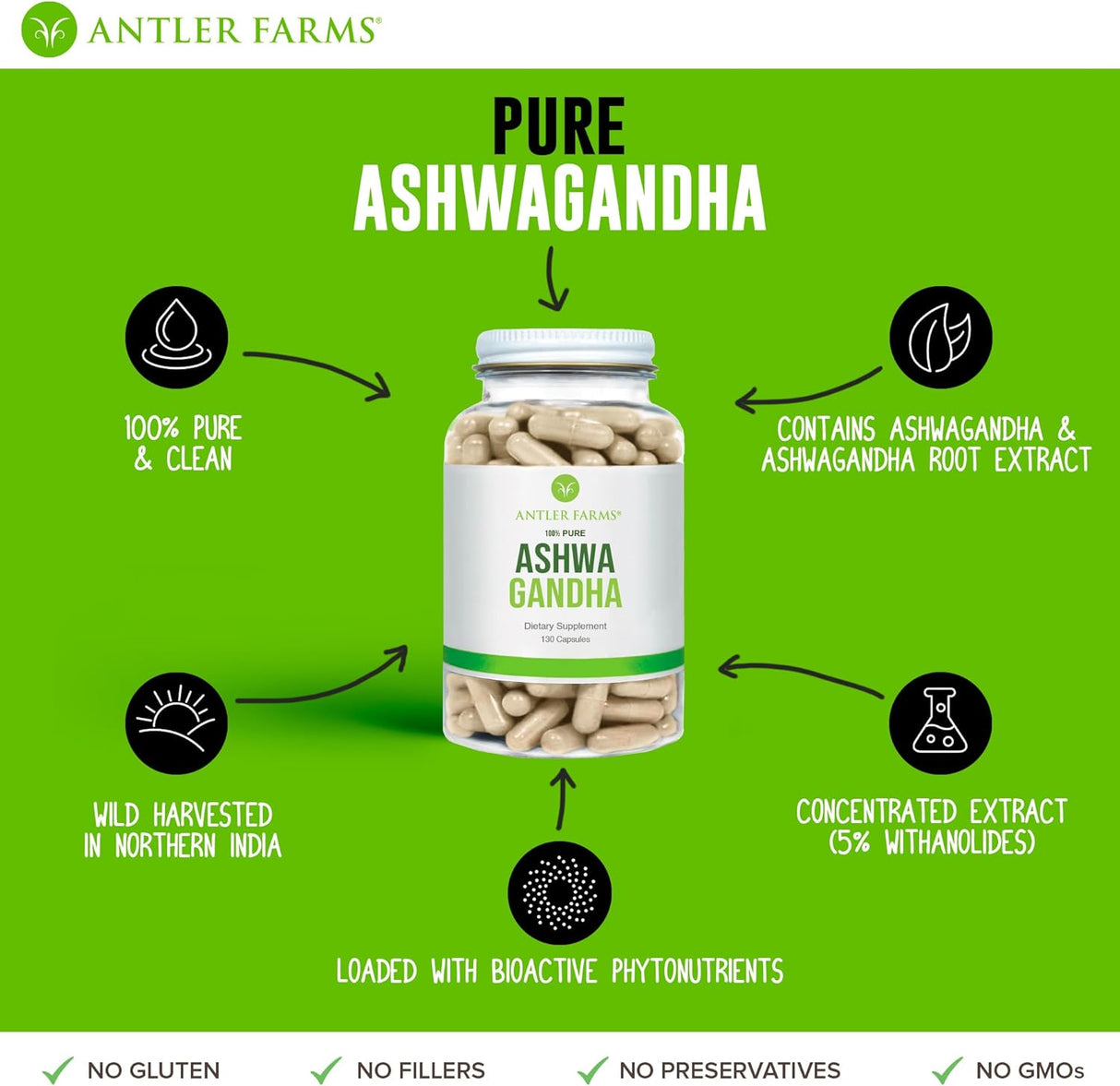 Antler Farms Ashwagandha 1200mg 130 Cápsulas 5% Withanolides