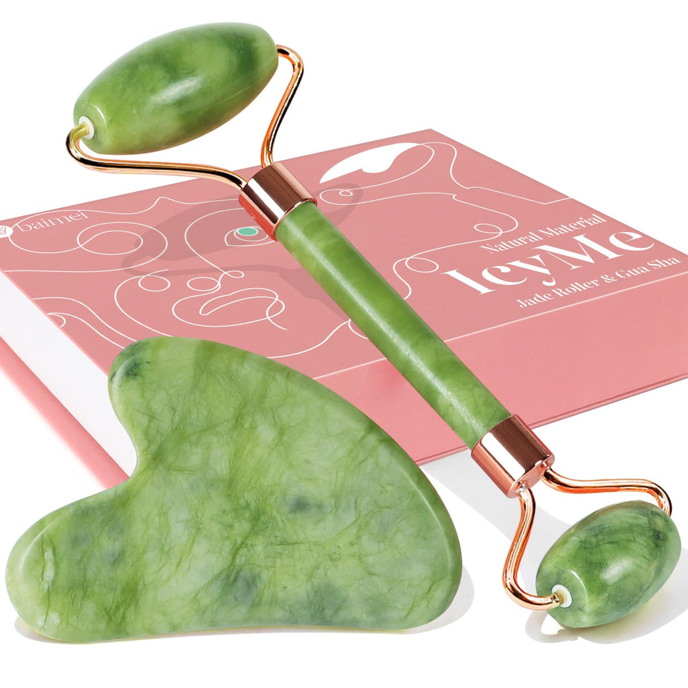 Juego de rodillo facial y Gua Sha de jade color verde