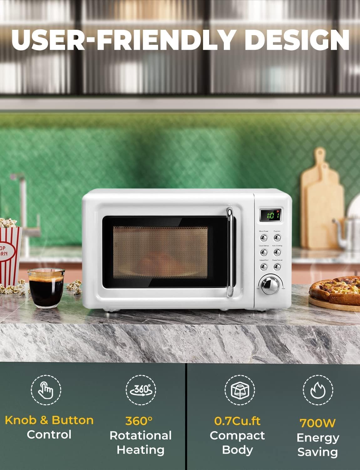 Horno Microondas Retro 0.7cu.ft, 700W, 8 Programas Automáticos