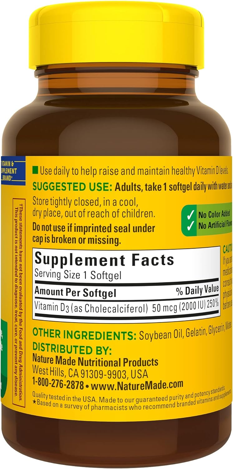 Suplemento de Vitamina D3 2000 IU Nature Made, 250 Gelatinas