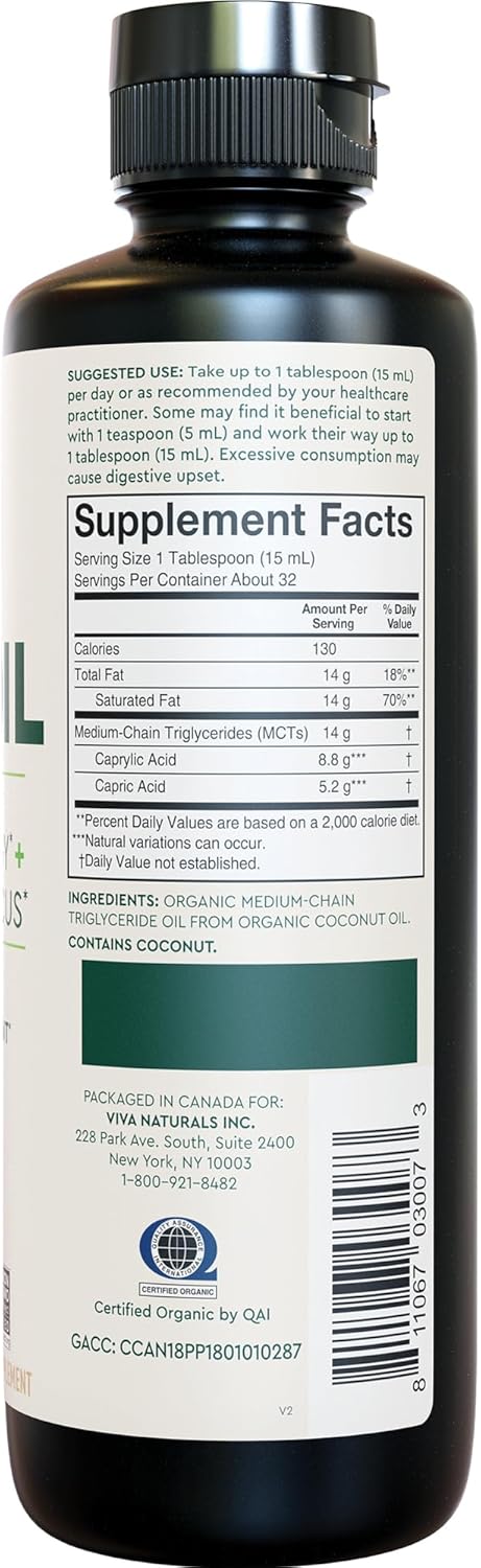 Aceite MCT Orgánico 16 oz - Viva Naturals, Energía y Keto