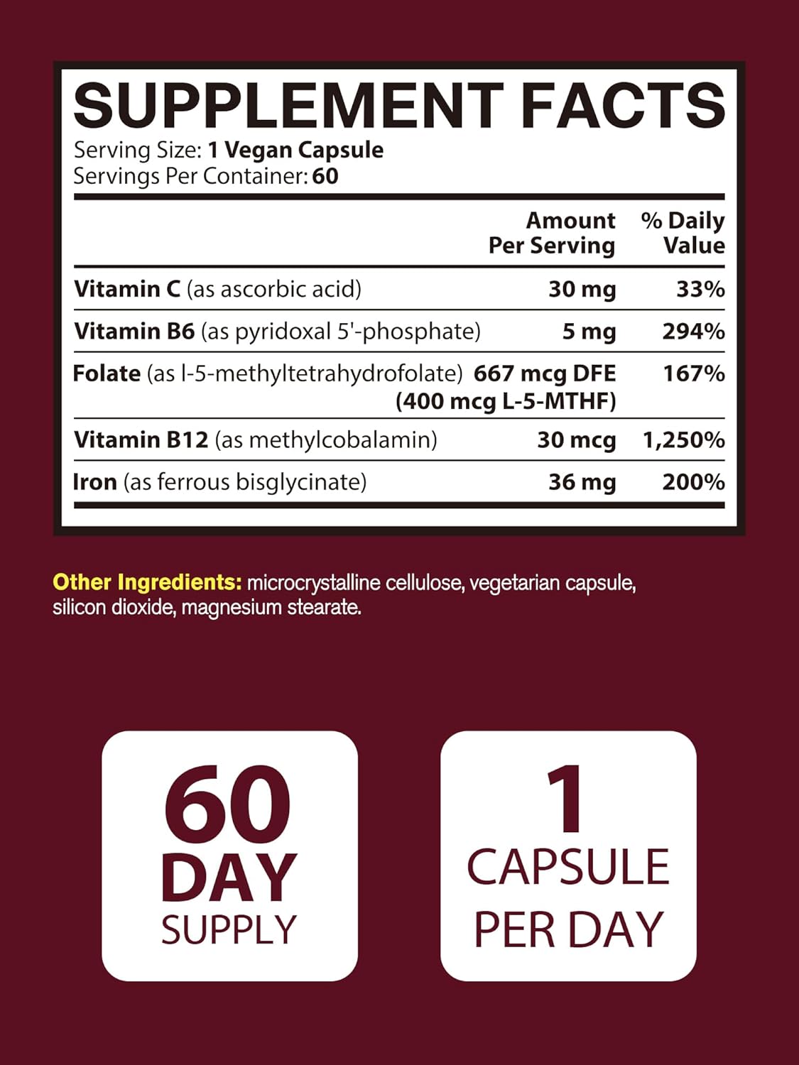 Suplemento de Hierro Vegano con Vitamina C, B6, B12, Folato, 60 caps