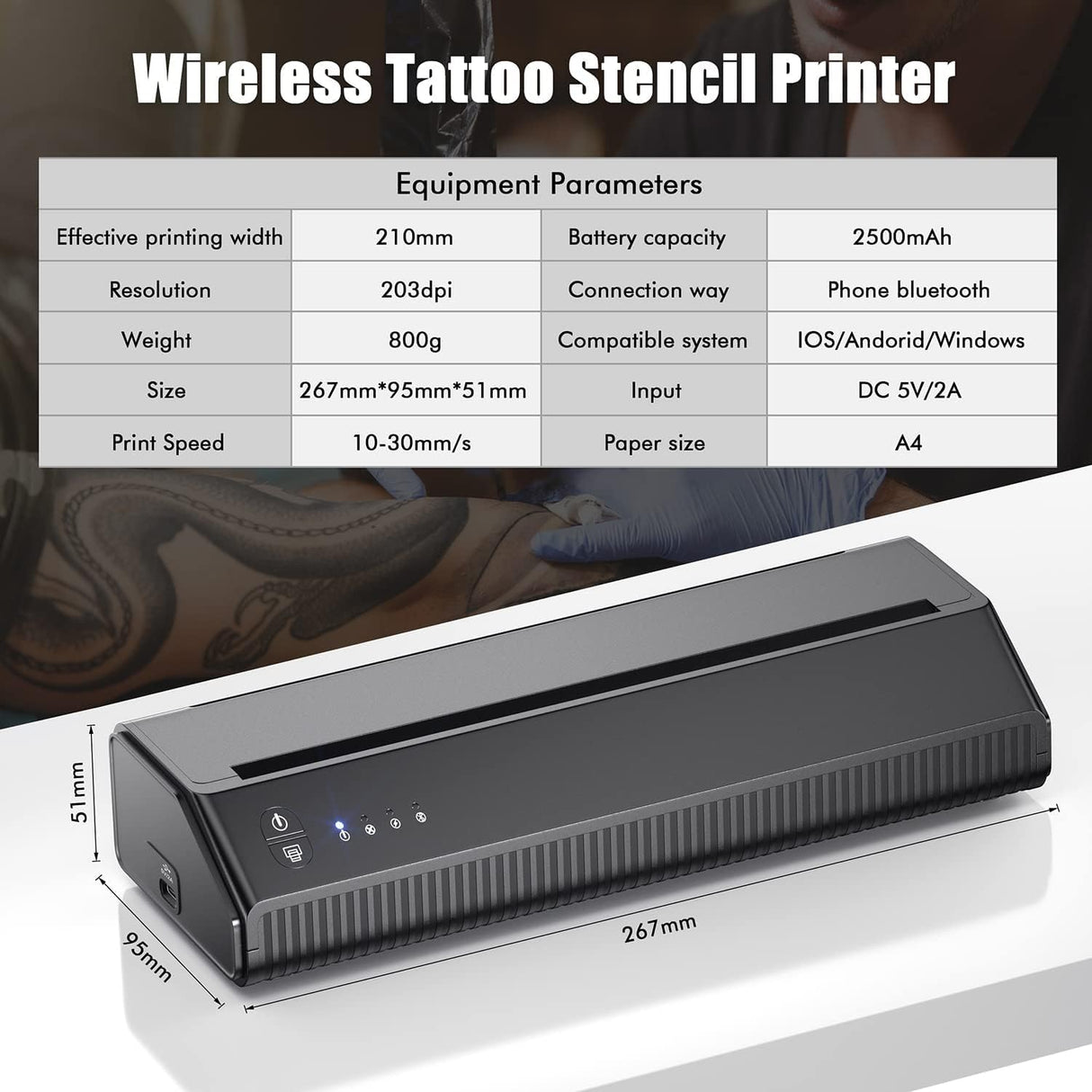 LIUMATE Impresora de tatuajes inalámbrica para tatuajes, impresora térmica Bluetooth, máquina de plantillas de transferencia de tatuajes, copiadora térmica para tatuajes con 10 piezas de papel de