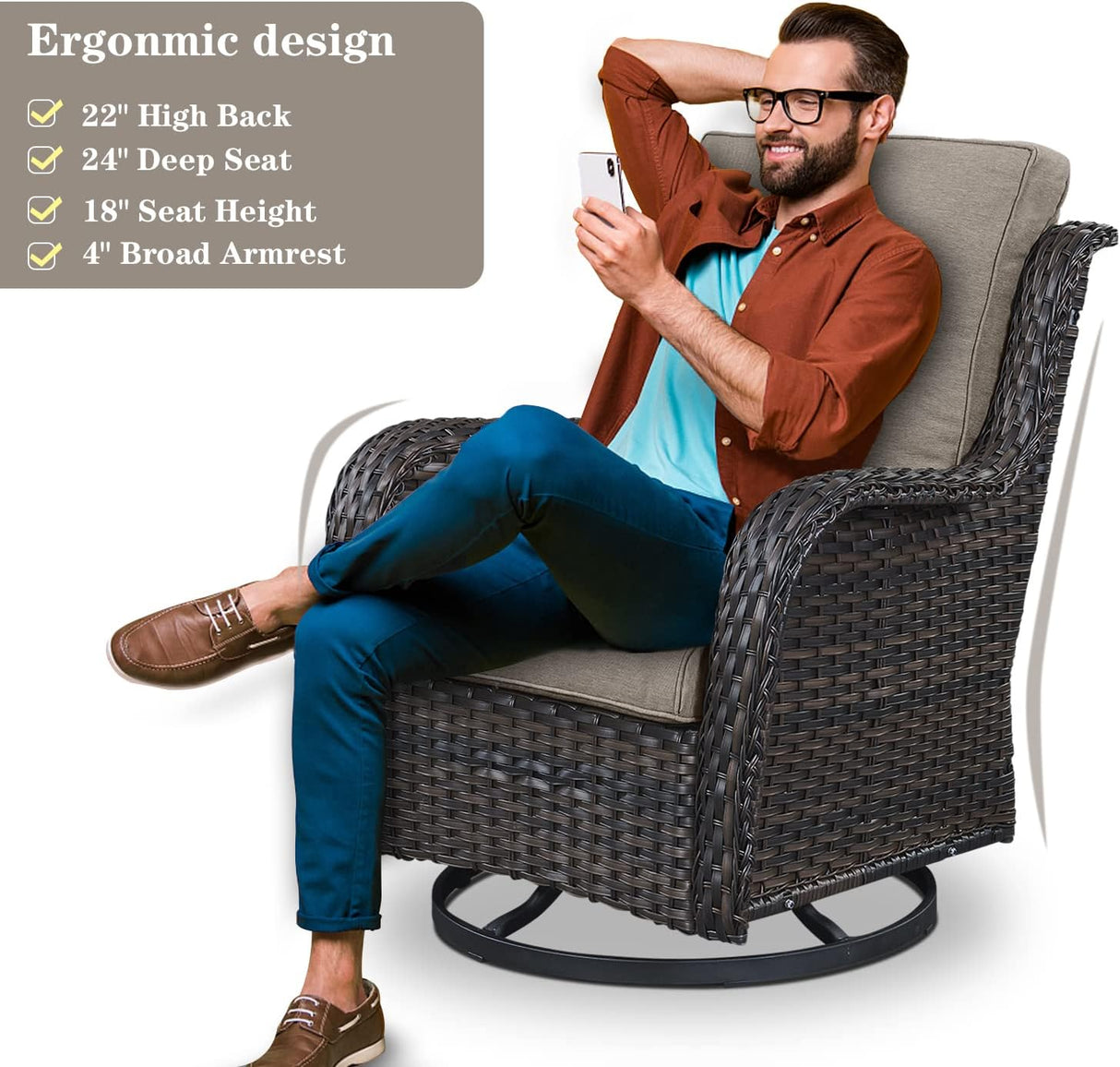 Belord Juego de muebles de mimbre de patio de 5 piezas, 4 sillas giratorias para exteriores con mesa para fogata de propano, juego de conversación cálido para patio, cojín gris, perfecto para