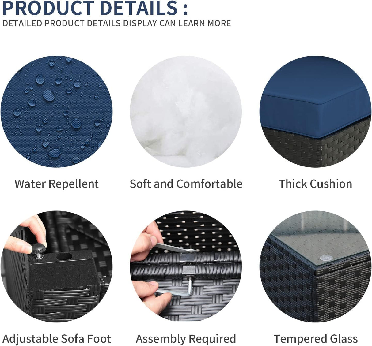 Valita Juego de muebles de mimbre de polietileno para exteriores, sofá seccional de ratán negro con cojines lavables azul marino