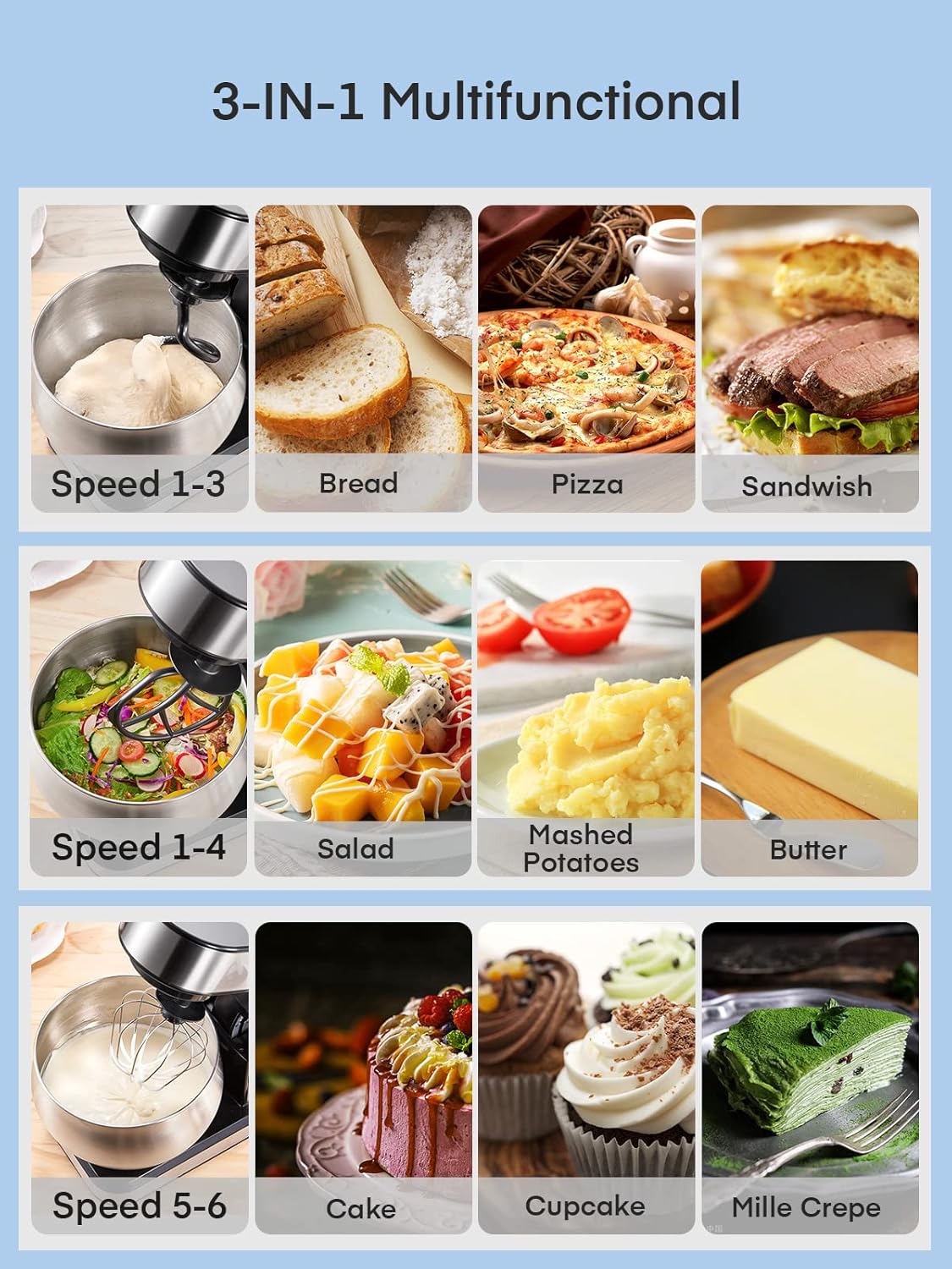 Batidora de Pie FOHERE 5.8QT, Acero Inoxidable, 6 Velocidades