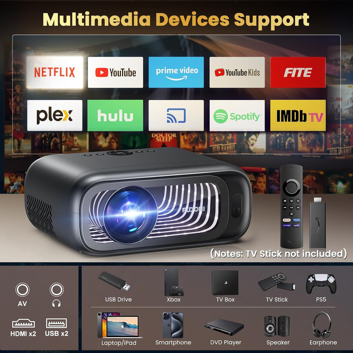 Proyector FUDONI 1080P, WiFi 6, Bluetooth, 300'' max display