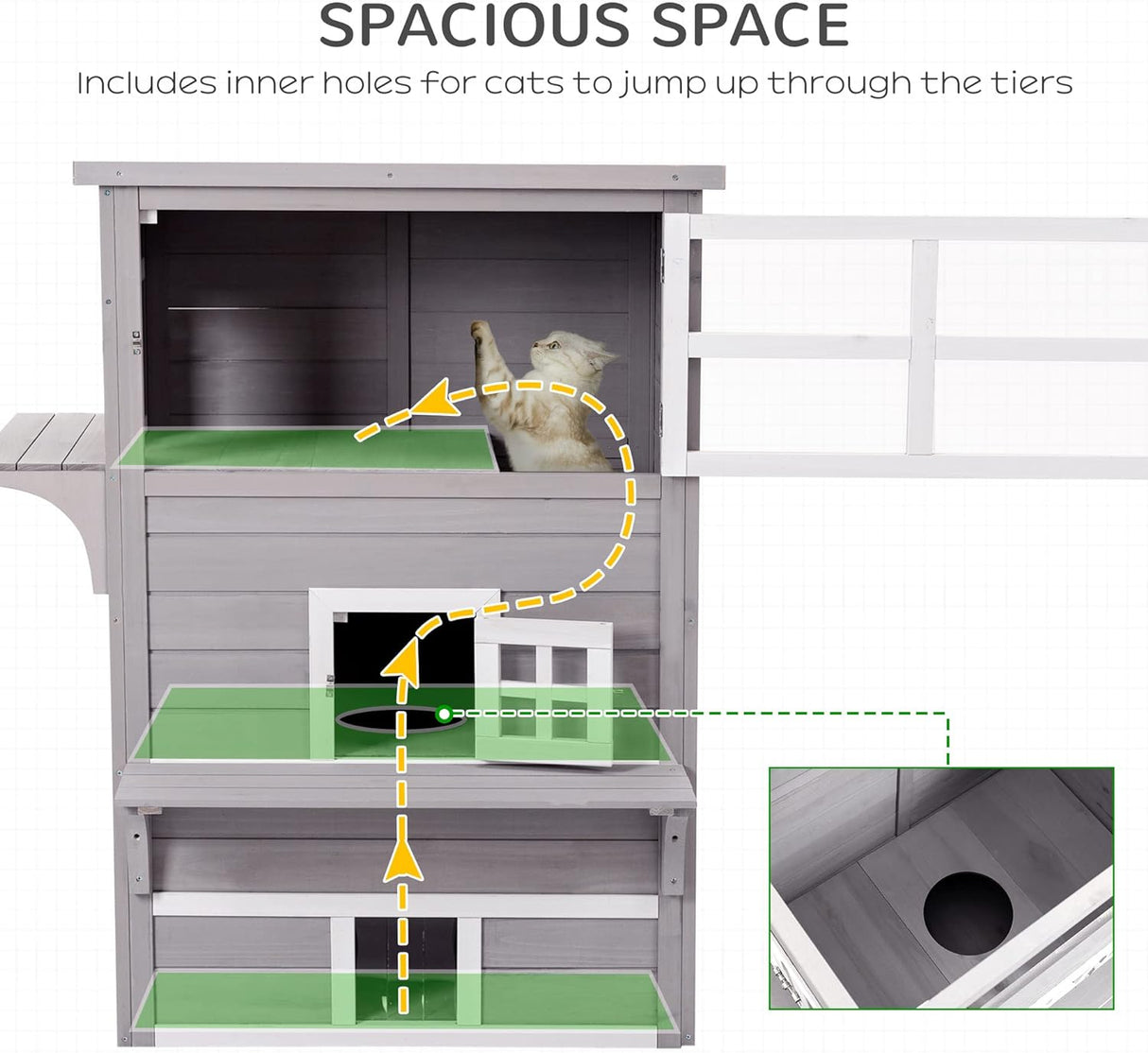 Casa de Gato de 3 Pisos PawHut, Refugio Exterior, Plataforma