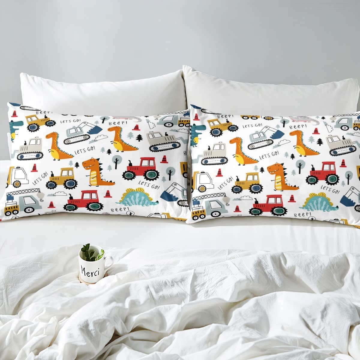 Juego de edredón de dinosaurio, Feelyou, vehículos de construcción