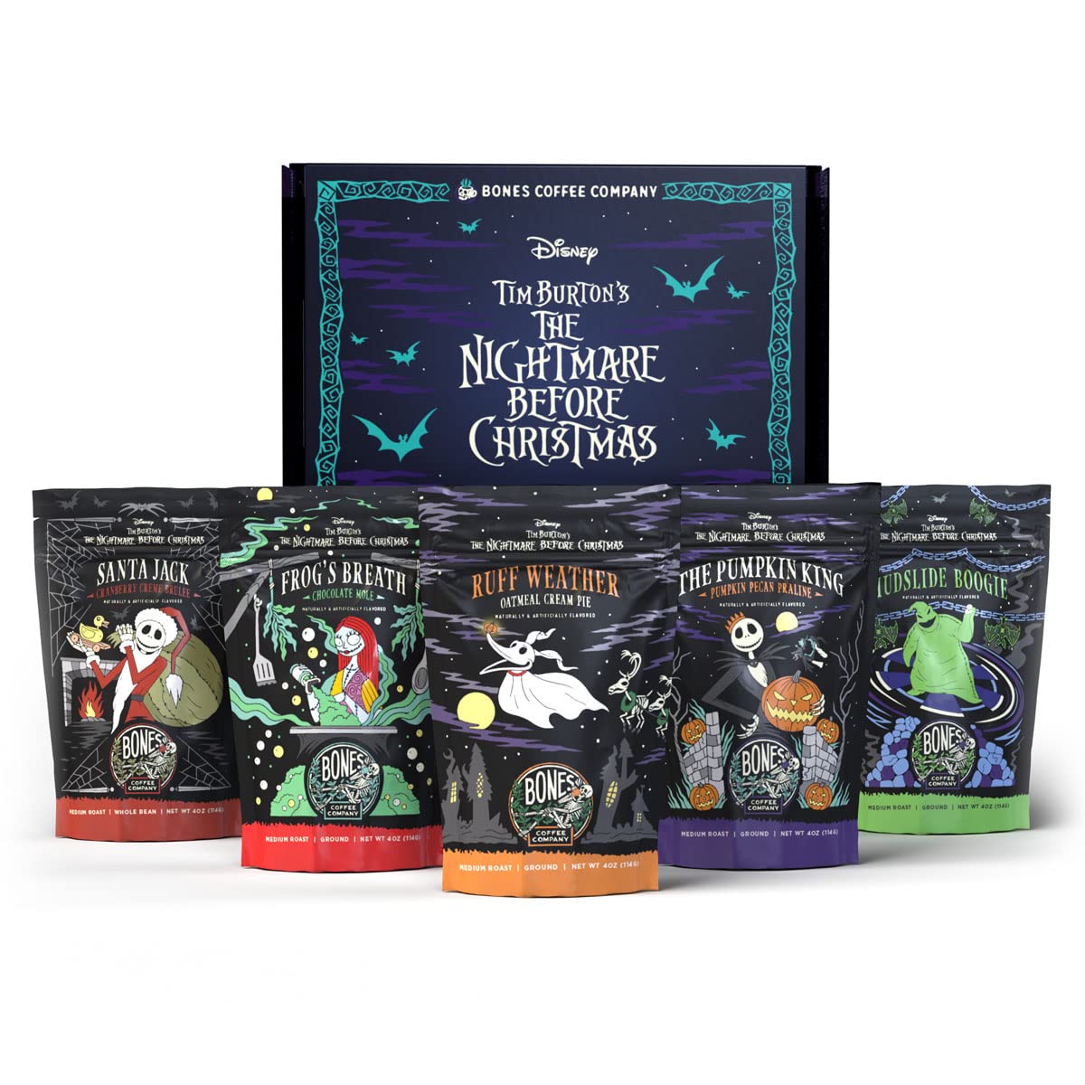Bones Coffee Company Disney Tim Burton's The Nightmare Before Christmas - Caja de café molido en grano de café molido | Paquete de muestra de 4 onzas, 5 regalos de café gourmet con sabor gourmet bajo