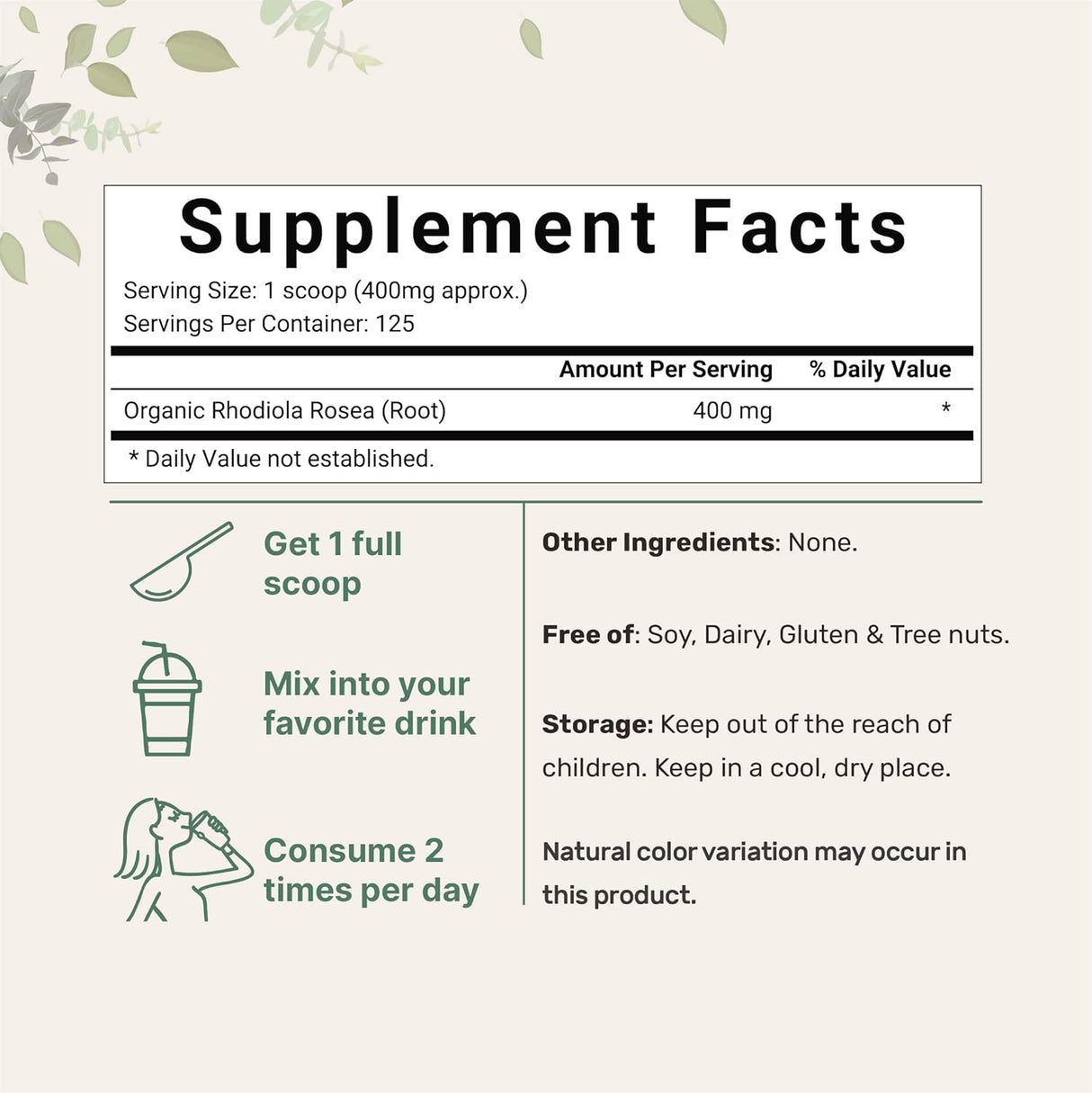 Suplemento Polvo de rodiola rosa orgánica pura 1.76oz