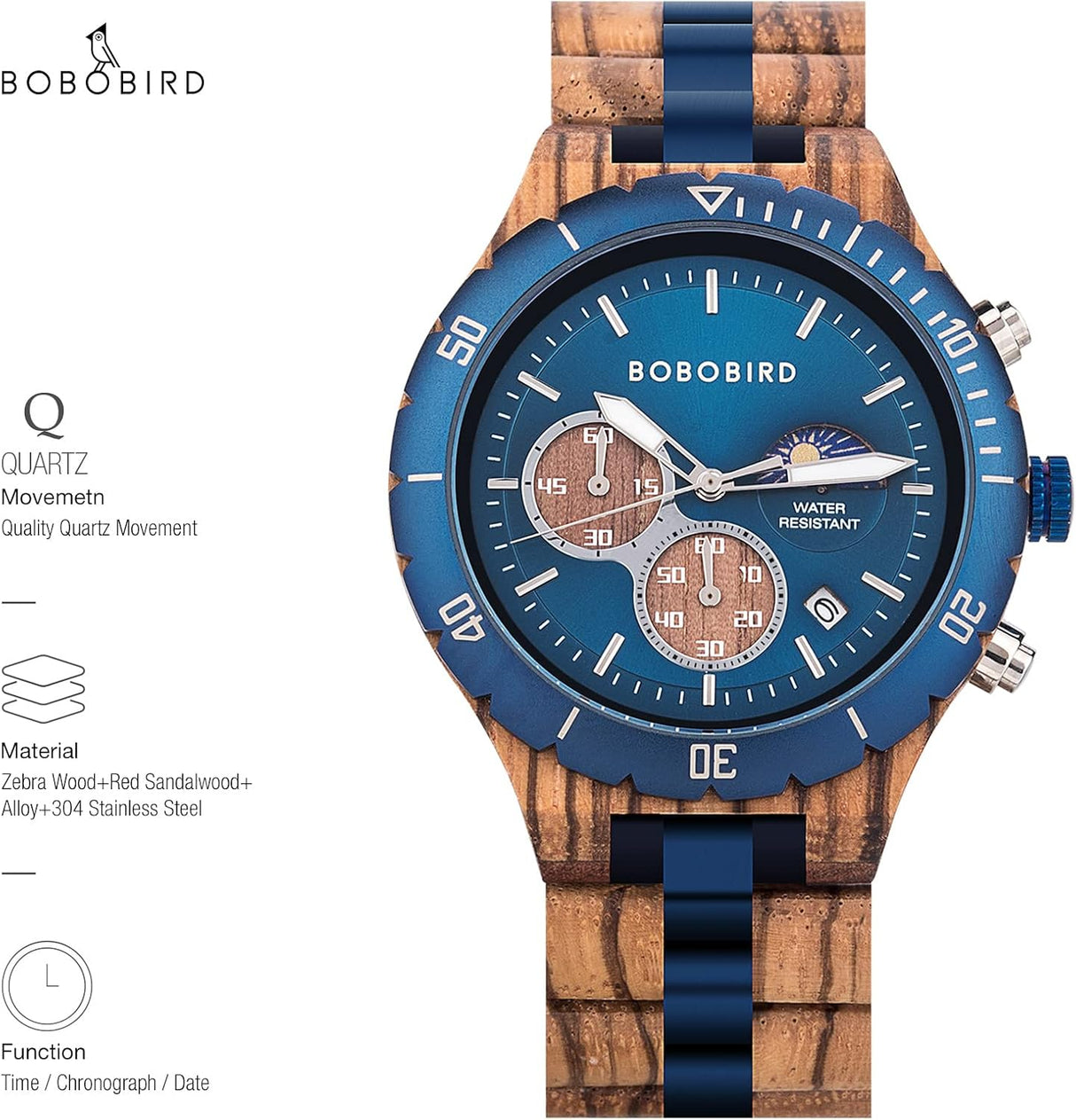 Reloj de madera de cuarzo para hombre acero inoxidable