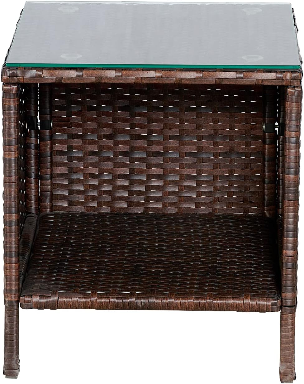 BTEXPERT Juego de 3 piezas de mimbre para exteriores, ahorro de espacio, para jardín, patio, porche, muebles de ratán PE, dos sillas, cojines, mesa de almacenamiento lateral marrón/azul aguamarina