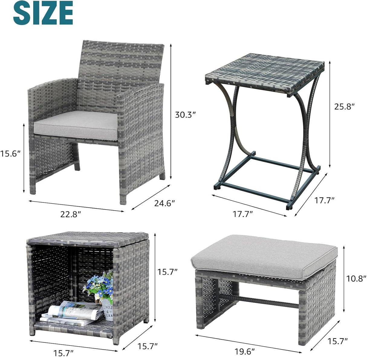 OC Orange-Casual Juego de muebles de patio de 6 piezas con otomana, juego de silla y mesa de mimbre gris para exteriores, muebles de balcón para apartamentos, gris claro