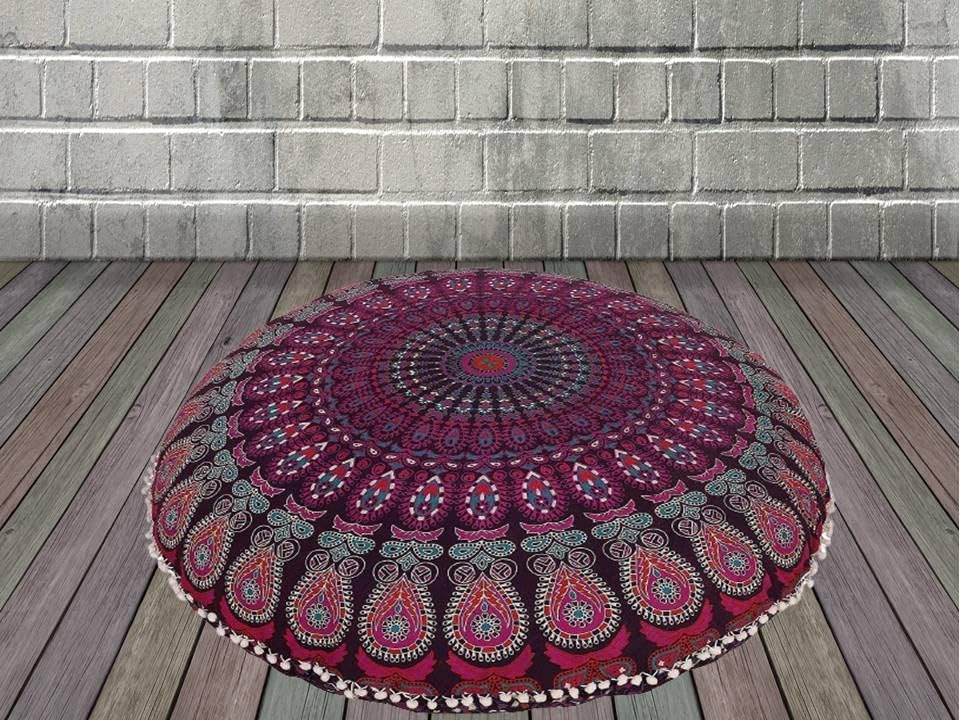 Funda bohemia para cojín, de 32 pulgadas, con diseño de mandala, para meditación, decorativa, otomana, grande, para exteriores, decoración del hogar, decoración de arte en el hogar, redonda, con pompones de algodón, cómoda