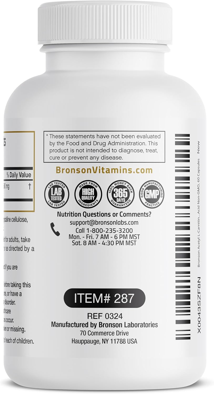 Acetil L-Carnitina 500 MG Bronson, 60 Cápsulas No GMO