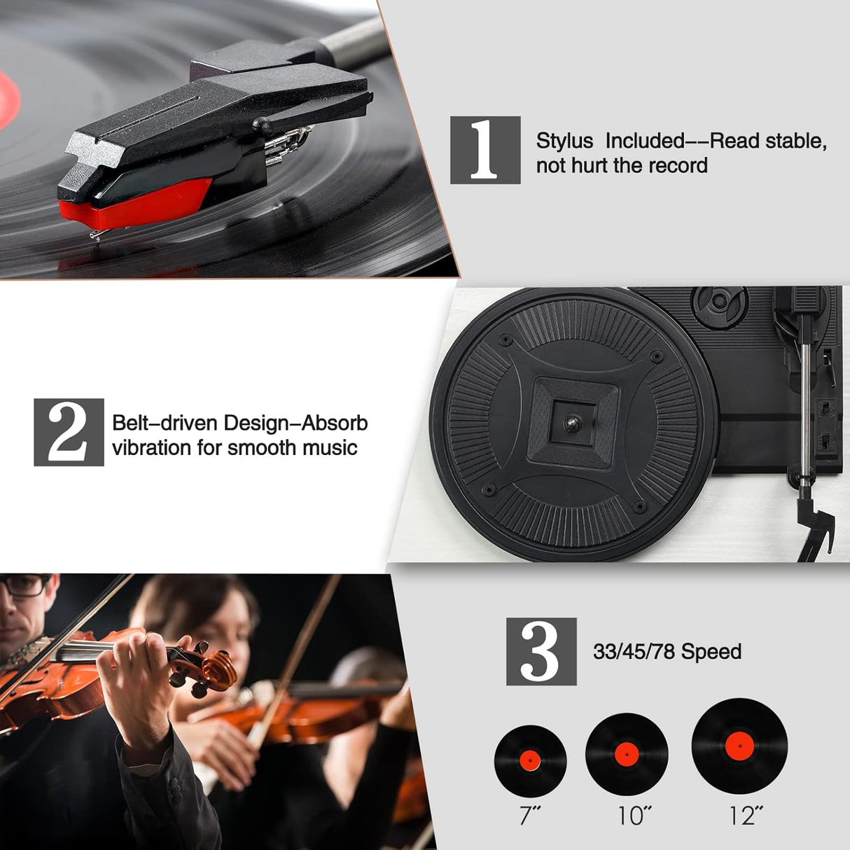 Reproductor de Vinilo Portátil con Bluetooth, Altavoces Integrados