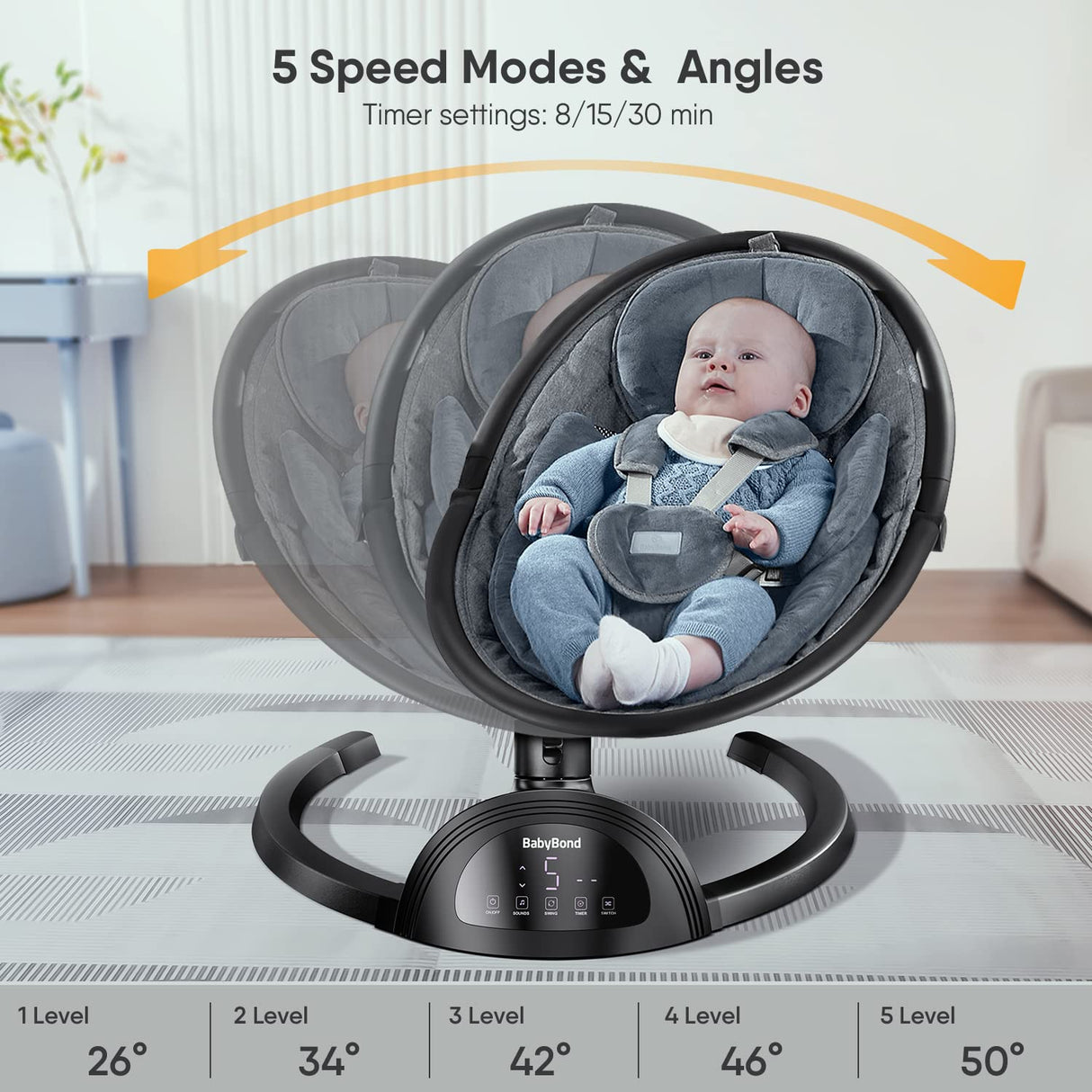 BabyBond Columpios de bebé para bebés, columpio infantil Bluetooth con altavoz de música con 3 posiciones de asiento, cinturón de arnés de 5 puntos, 5 velocidades y control remoto, columpio portátil