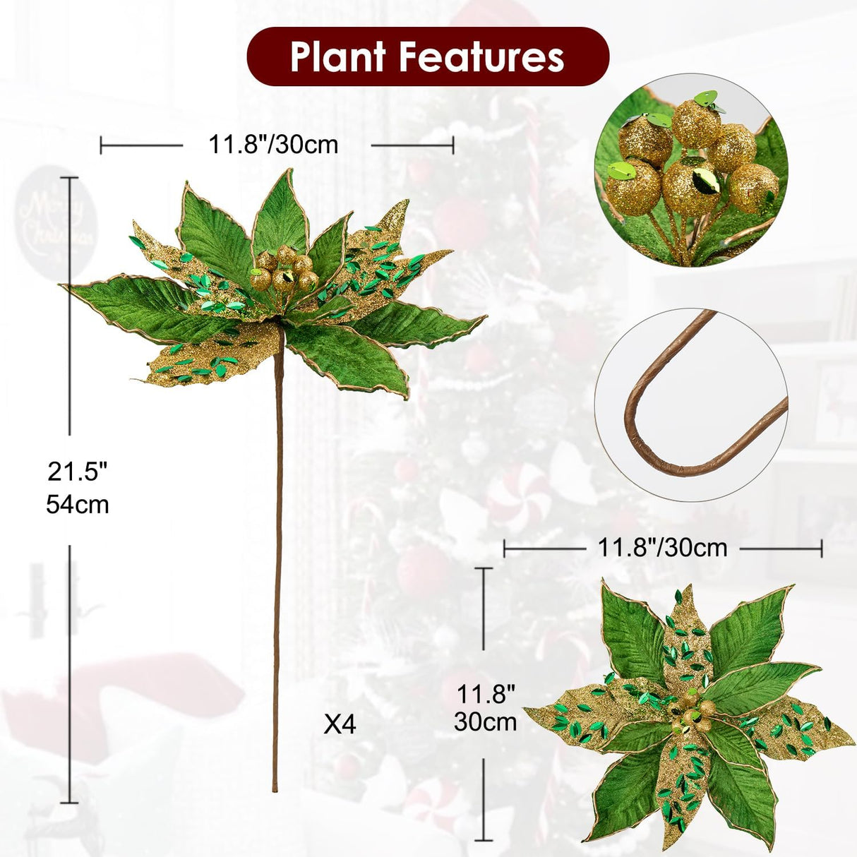 Flores Poinsettia Artificial Briful 12'' Set de 4 para Decorar