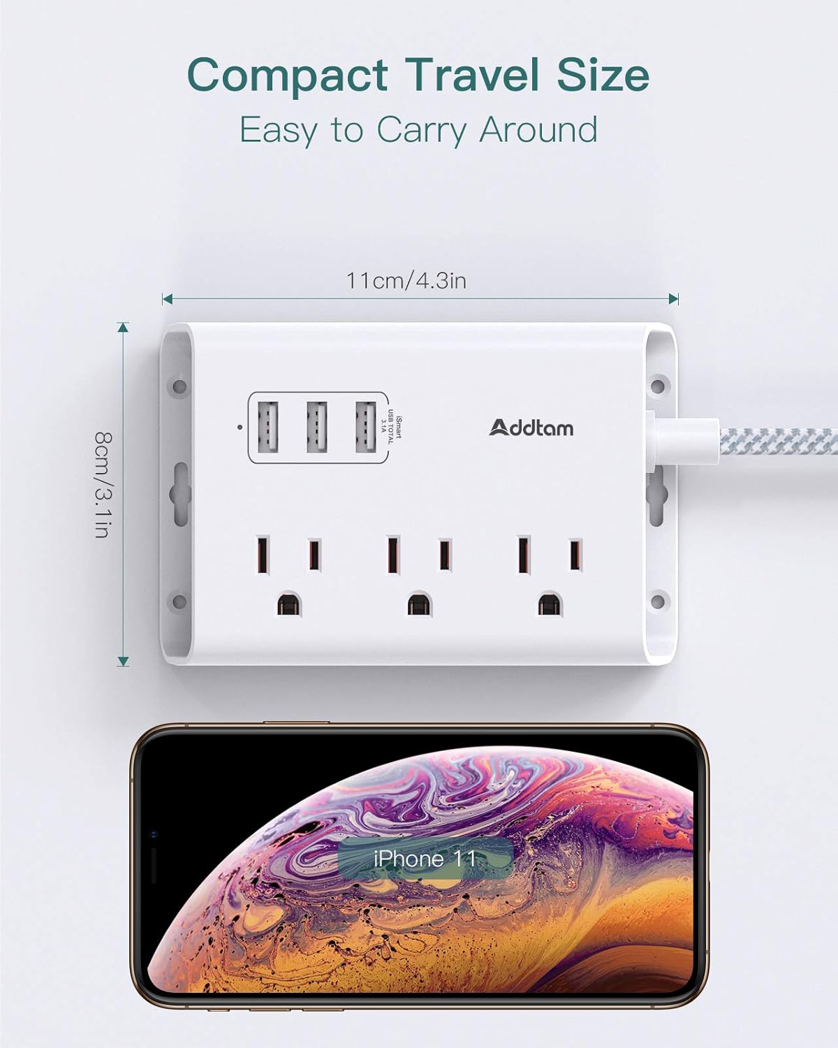 Regleta de alimentación con USB, cable de extensión de enchufe