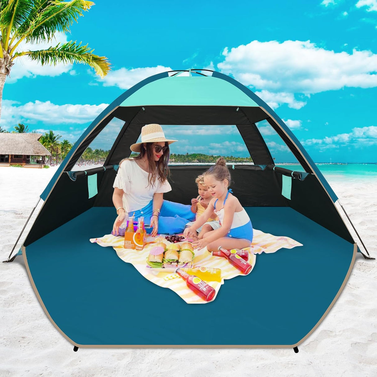 Tienda de playa con protección solar UPF 50+, fácil de usar
