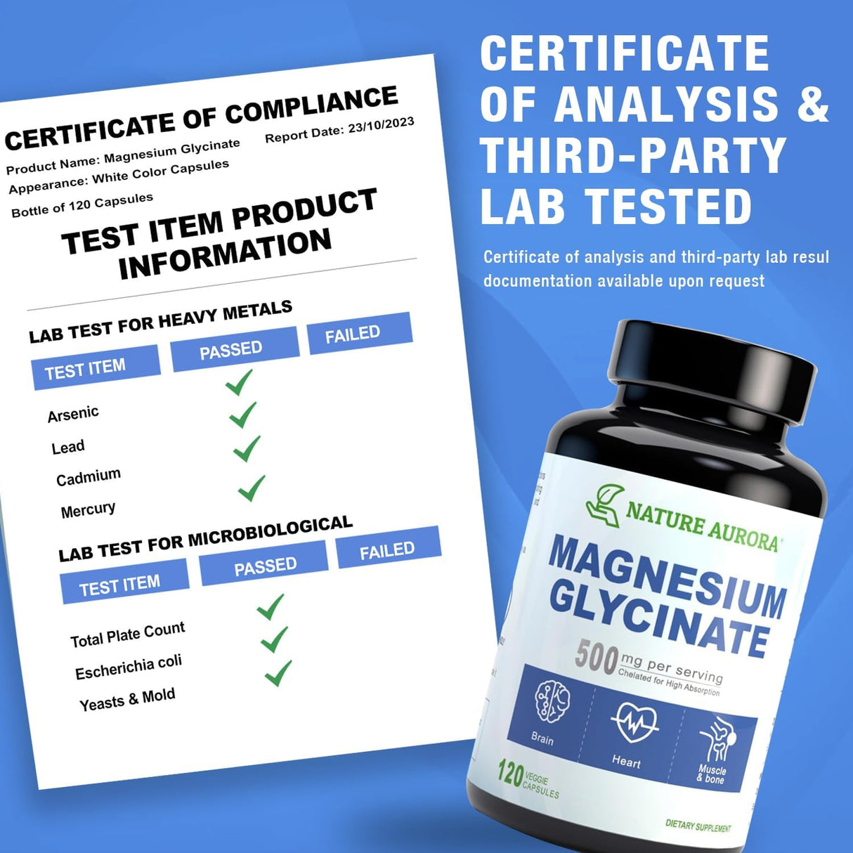 Magnesio Glycinato 500mg Cápsulas - Alta Absorción 120ct