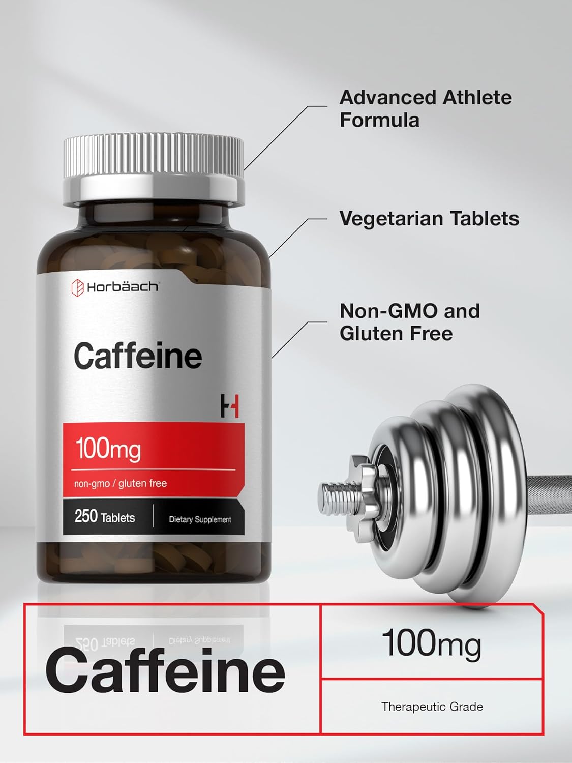 Píldoras de cafeína 100mg Horbäach | 250 tabletas vegetarianas