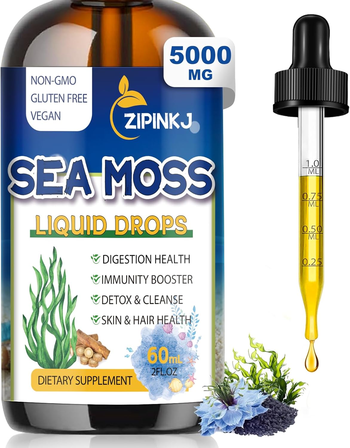 Sea Moss Drops, suplemento de gel líquido con aceite de semilla negra, 2 oz