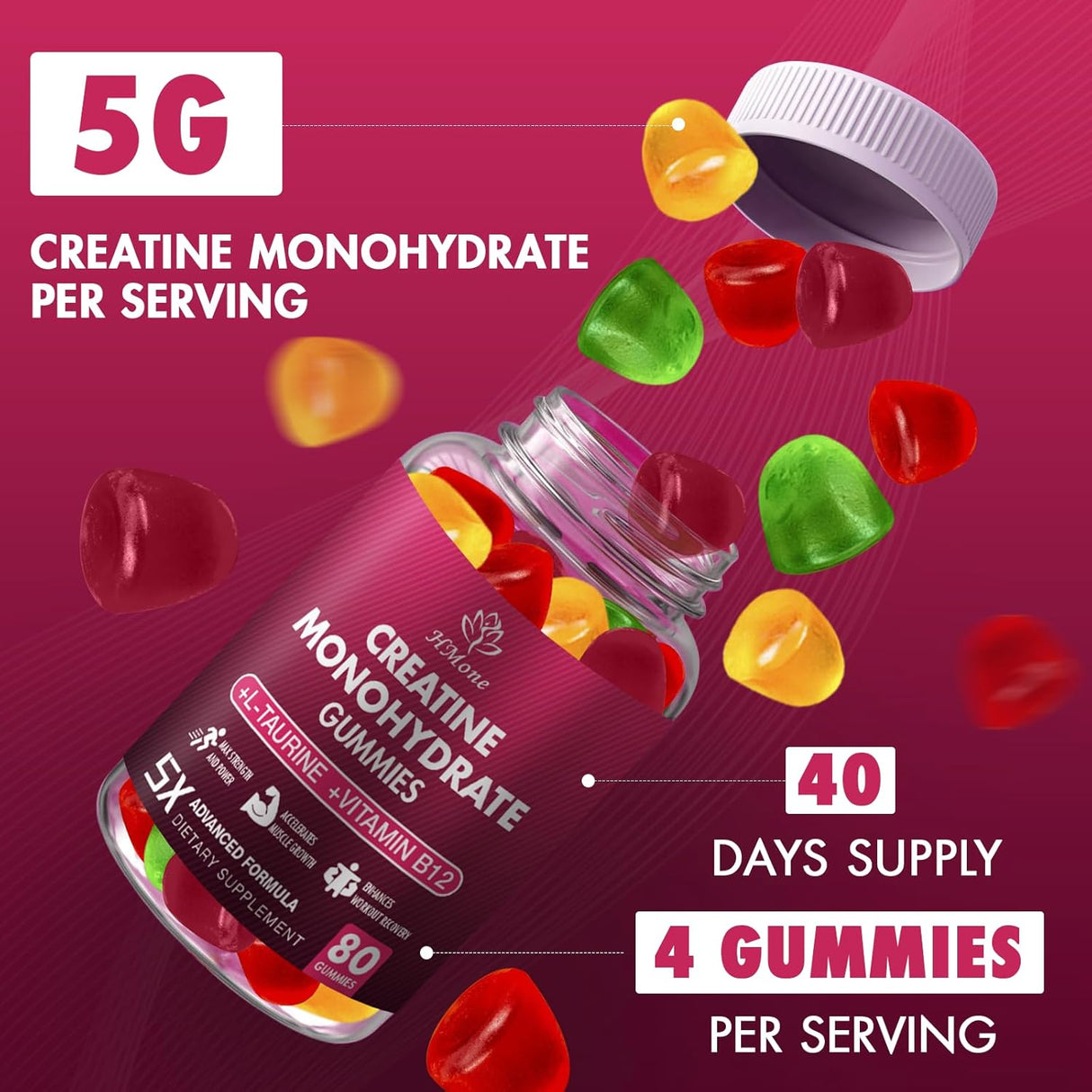 Creatina Monohidrato Gummies - 160 cápsulas, veganas, sin azúcar