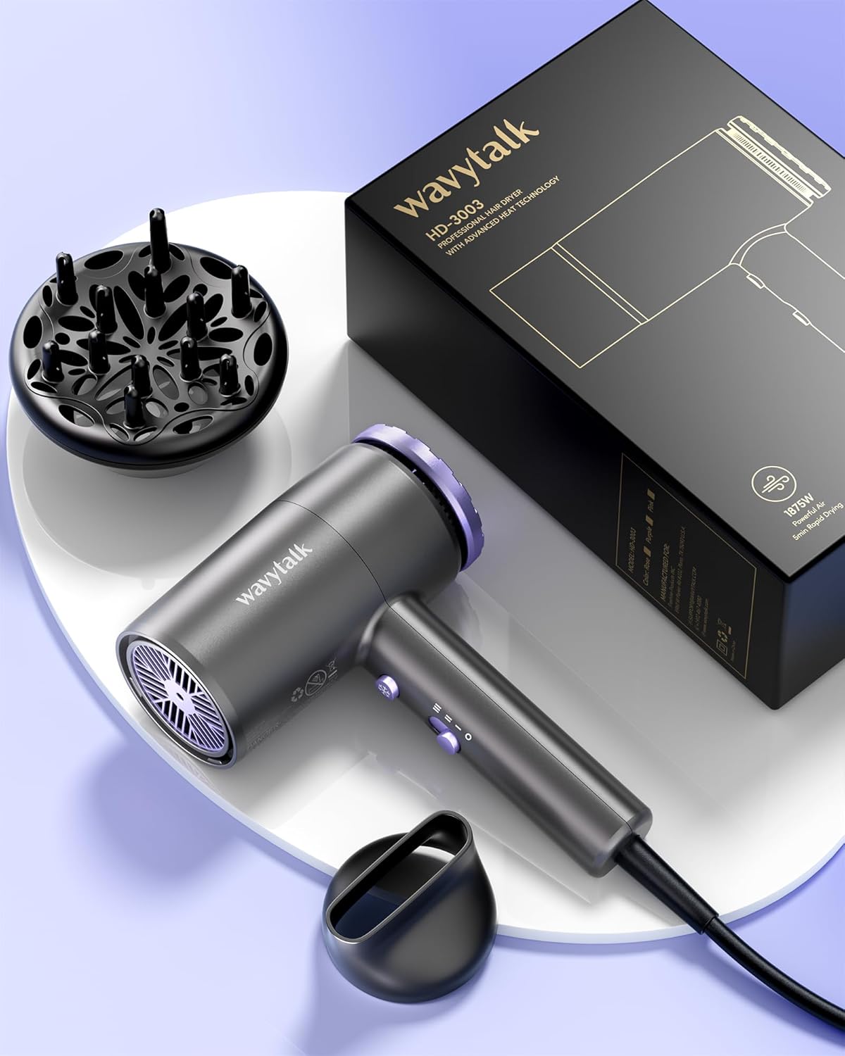 Secador de pelo profesional con difusor 1875W púrpura