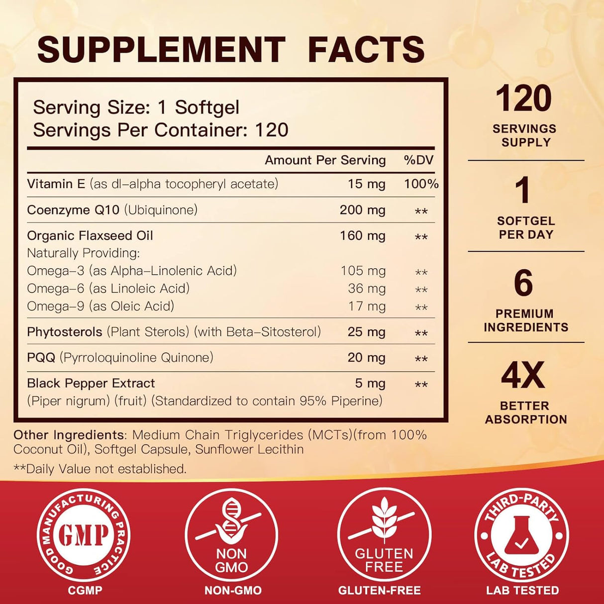 CoQ10 200mg con Vitamina E, Omega 3-6-9 y PQQ, 120 cápsulas