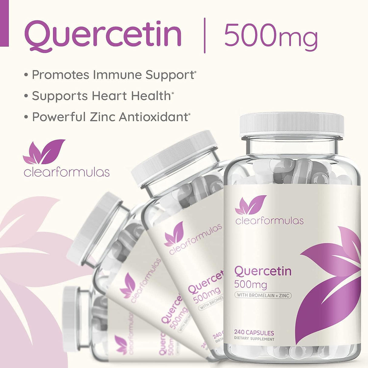 Suplemento de Quercetina 500mg con Bromelina y Zinc, 240 Cápsulas