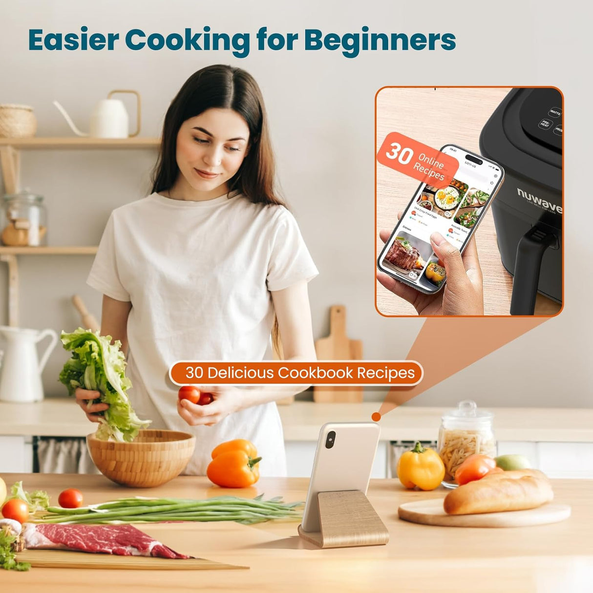 Freidora de aire Nuwave Brio 10 en 1, 6 QT, 1800W, 100 recetas