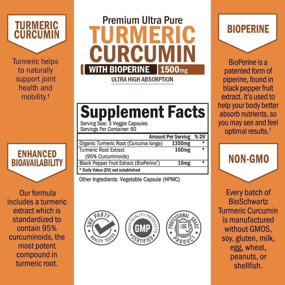Suplemento de Cúrcuma 1500mg, Alta Absorción, 180 Cápsulas