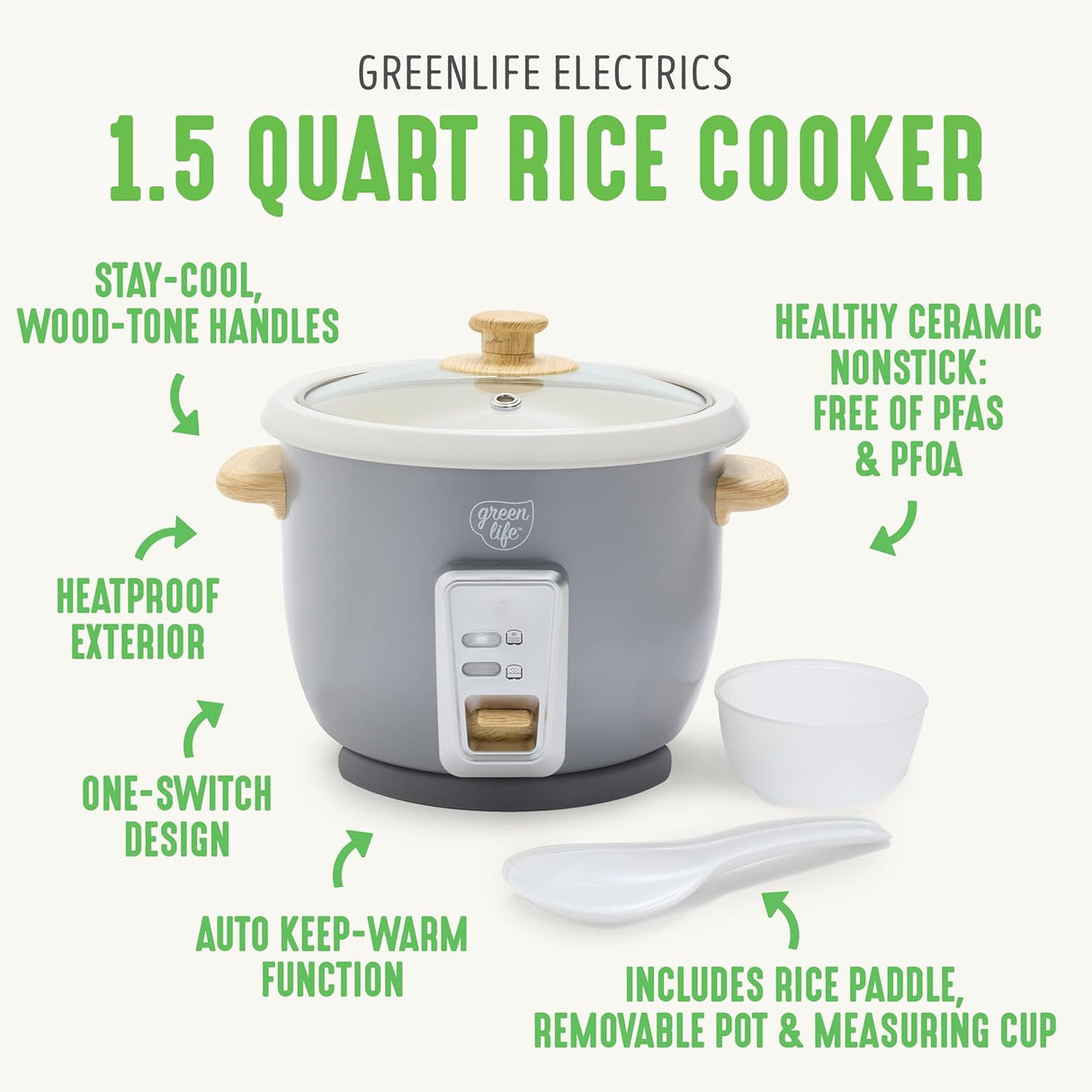 Arrocera GreenLife 6 Tazas, Cerámica Antiadherente, Auto Presets