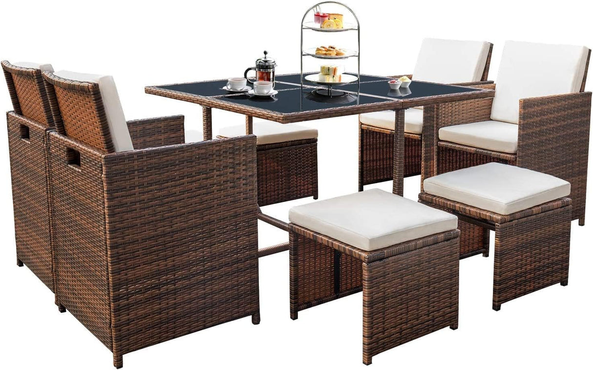 Devoko Juego de comedor para patio al aire libre, sillas de ratán con mesa de cristal para patio, conjunto de muebles acolchados de limpieza y respaldo con conversación seccional.